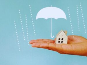 手に載った住宅模型と傘と雨のイラスト